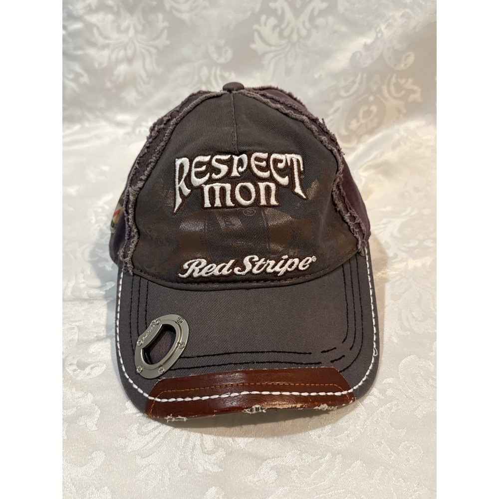 Red Stripe distressed "Respect‎ Mon" baseball cap One Size Brown